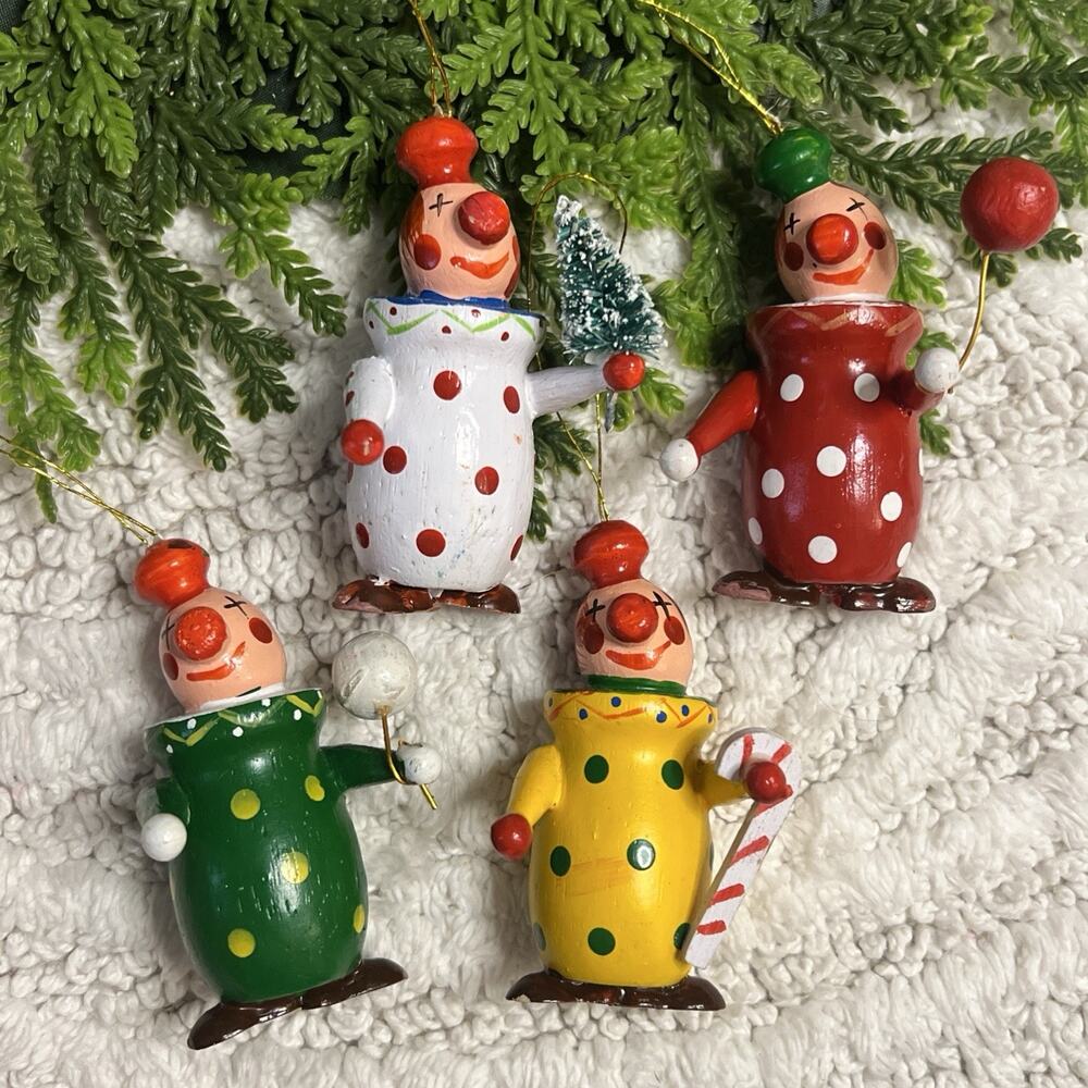Lot of 4 Vintage Clown Colorful Wooden Ornaments 3” Christmas Balloons Tree